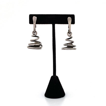 detail Art Smith USA vintage silver spiral kinetic drop earrings American Modernist jewelry design