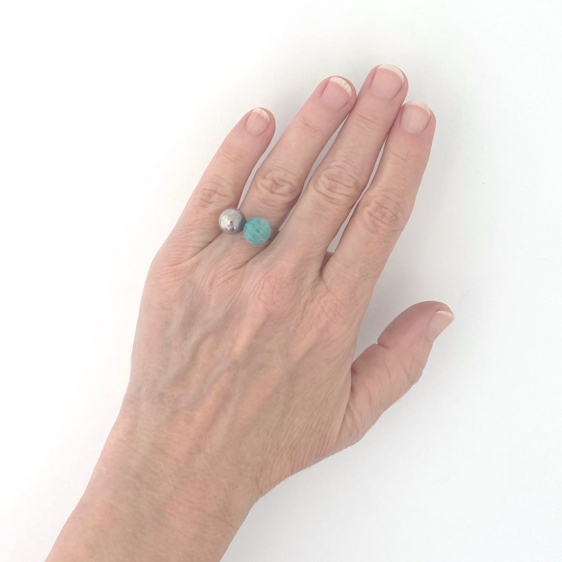 scale Hans Hansen Denamrk vintage silver amazonite two spheres ring Scandinavian Modern jewelry design
