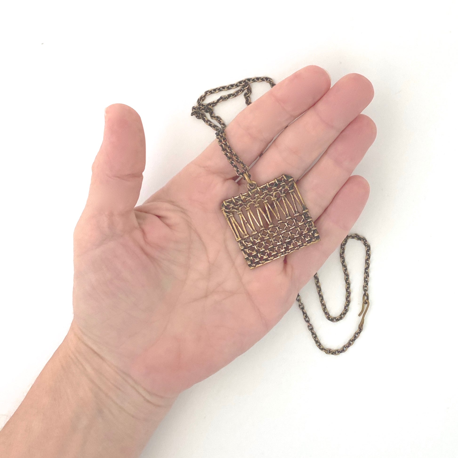scale Pentti Sarpaneva Finland vintage bronze woven square necklace Scandinavian Modernist jewelry design
