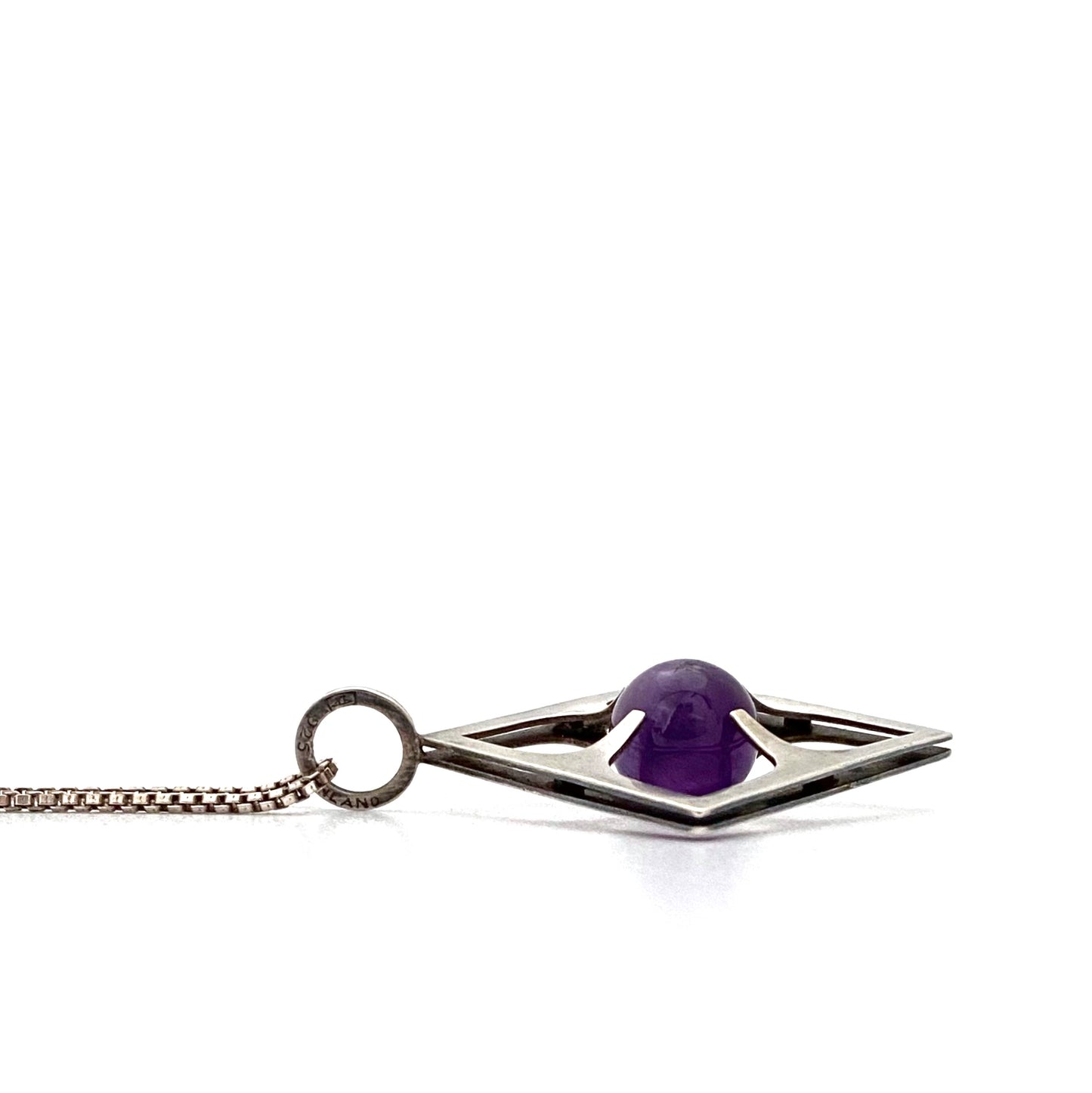 profile Elis Kauppi Kupittaan Kulta Finland vintage silver amethyst rolling sphere pendant necklace Scandinavian Modernist jewelry design