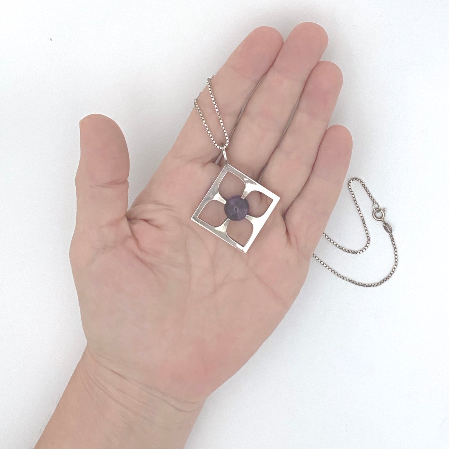 scale Elis Kauppi Kupittaan Kulta Finland vintage silver amethyst rolling sphere pendant necklace Scandinavian Modernist jewelry design
