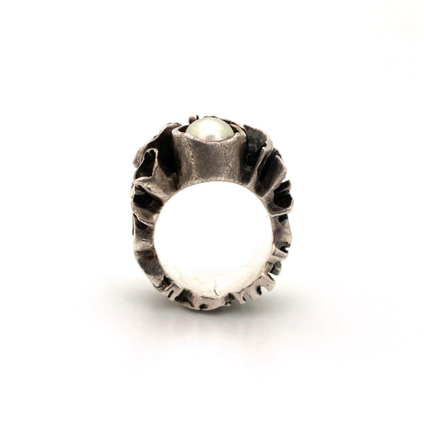 Hans Gehrig large brutalist silver & pearl ring