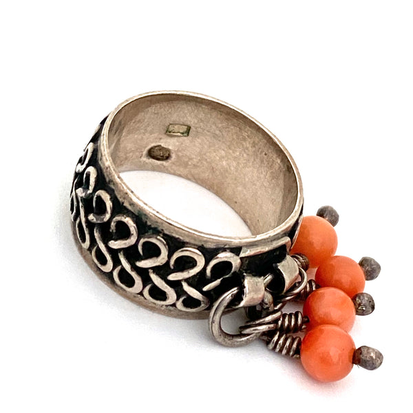 vintage silver & coral kinetic ring ~ Poland