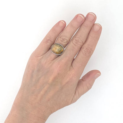 scale Elis Kauppi Kupittaan Kulta Finland vintage silver moss agate large ring Scandinavian Modernist jewelry design
