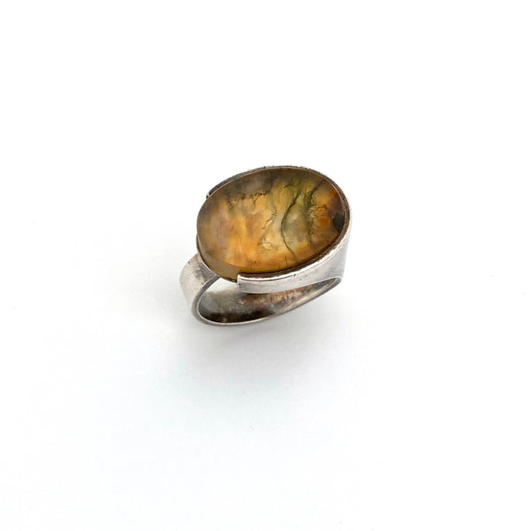 Kupittaan Kulta large silver & moss agate ring ~ Elis Kauppi