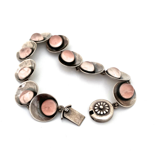 detail NE From Denmark vintage silver rose quartz link bracelet Scandinavian Modernist jewelry design