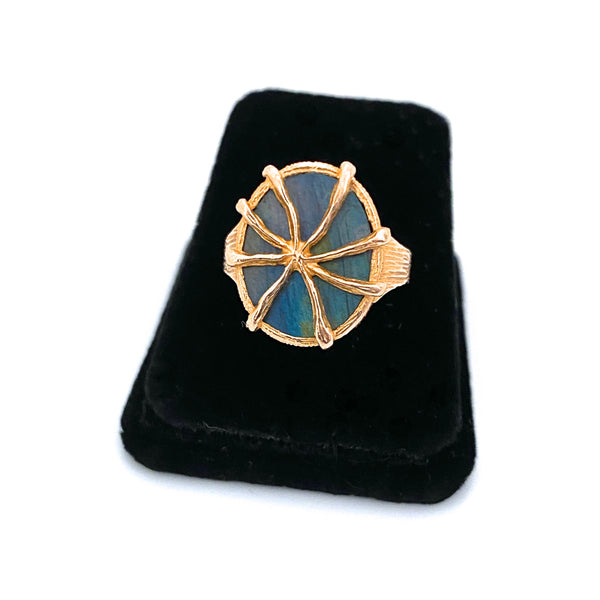 detail Lapponia Finland vintage 14k gold labradorite ring 1979 Scandinavian Modernist jewelry design