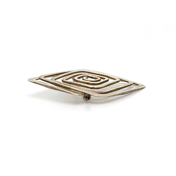 profile Ed Wiener USA vintage hammered silver large square spiral brooch Modernist jewelry design