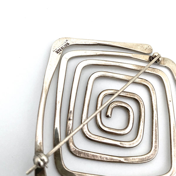 Ed Wiener large hammered silver 'squared spiral' brooch
