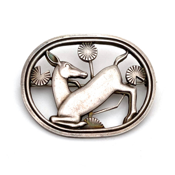 detail Georg Jensen Denmark vintage silver kneeling deer brooch 256 Arno Malinowski Scandinavian Modernist jewelry design