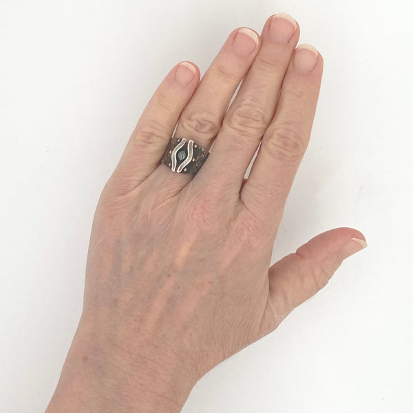 scale vintage silver 14k gold hematite ring Modernist jewelry design