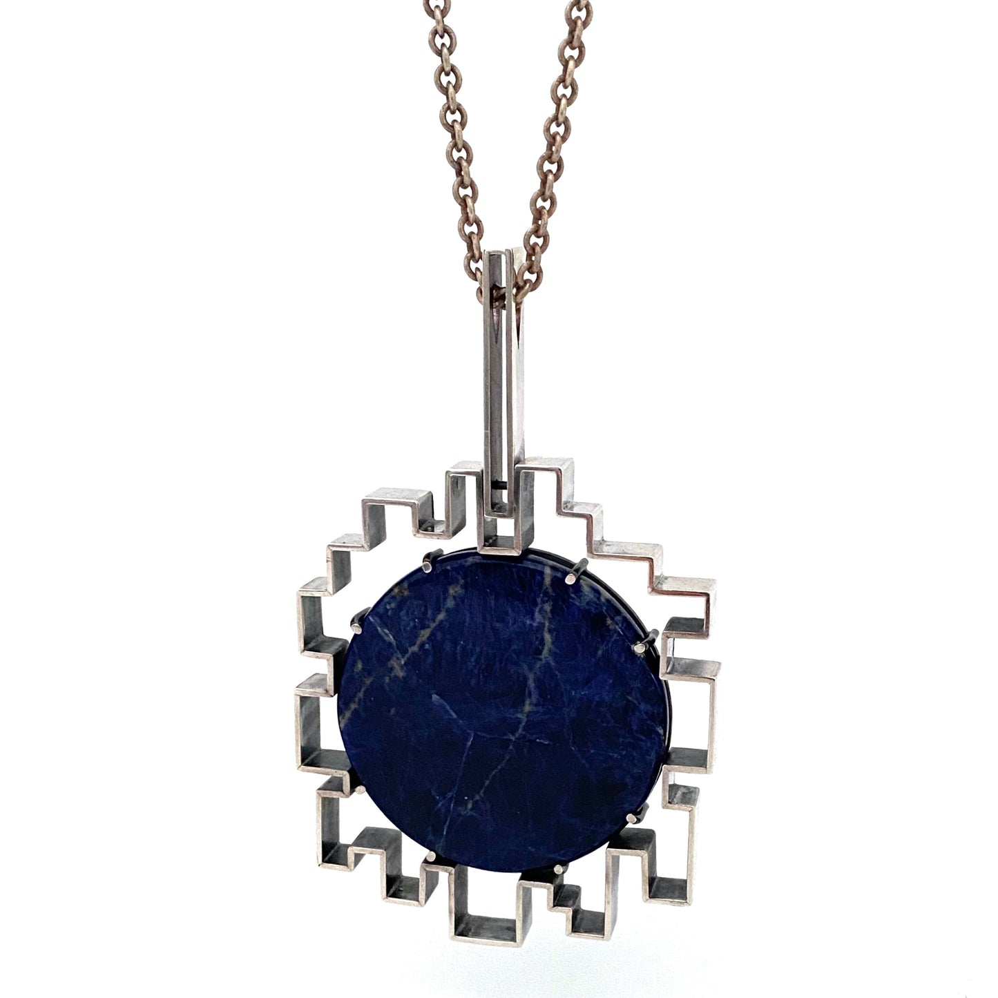 detail Hans Gehrig Canada vintage silver sodalite extra large pendant necklace Canadian Modernist art jewelry design