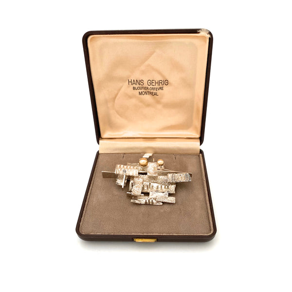 Hans Gehrig Modernist silver brooch with 18k gold spheres