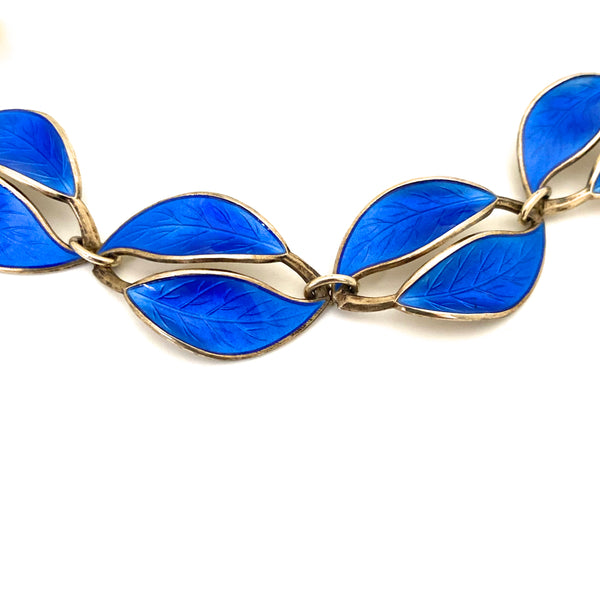 detail David Andersen Norway vintage silver enamel sky blue double leaf necklace Willie Winnaess