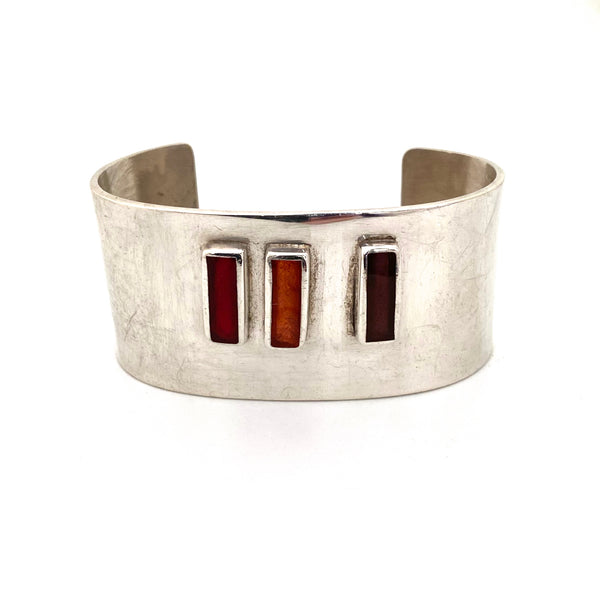 detail vintage heavy sterling silver resin enamel cuff bracelet Modernist jewelry design