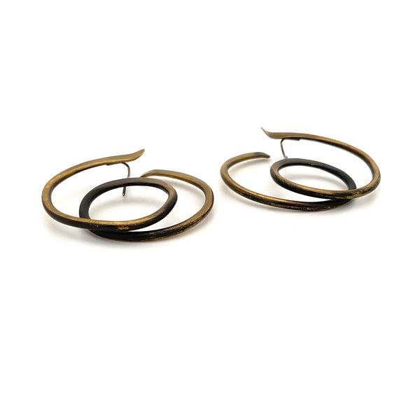 profile Art Smith vintage brass large spiral hoop earrings American Modernist jewelry design