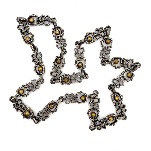 detail Guy Vidal Canada vintage brutalist pewter brass spheres long link chain necklace