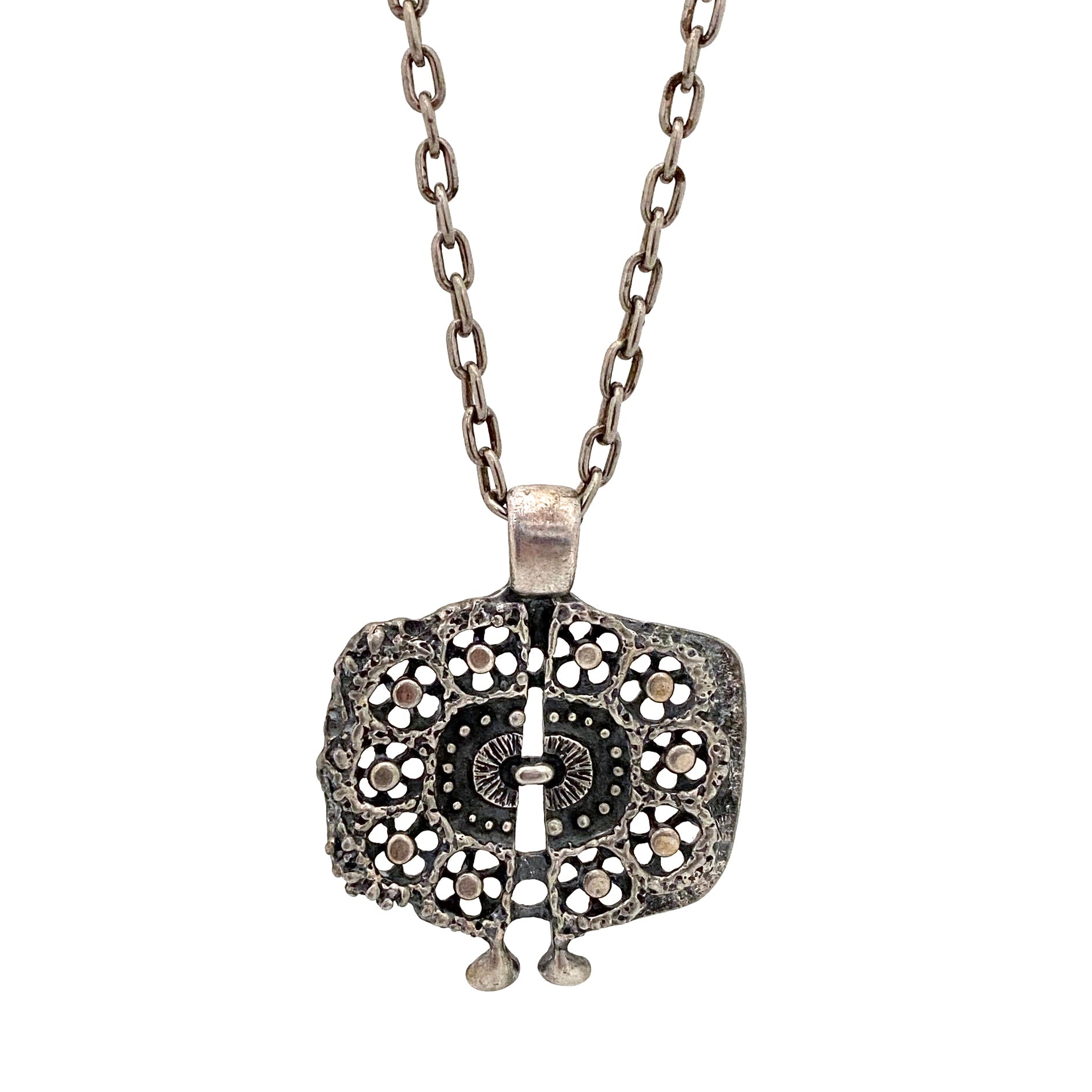 detail Guy Vidal Canada vintage brutalist pewter openwork pendant necklace Canadian jewelry design