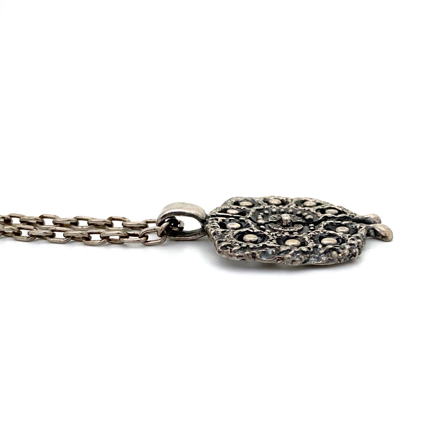 profile Guy Vidal Canada vintage brutalist pewter openwork pendant necklace Canadian jewelry design