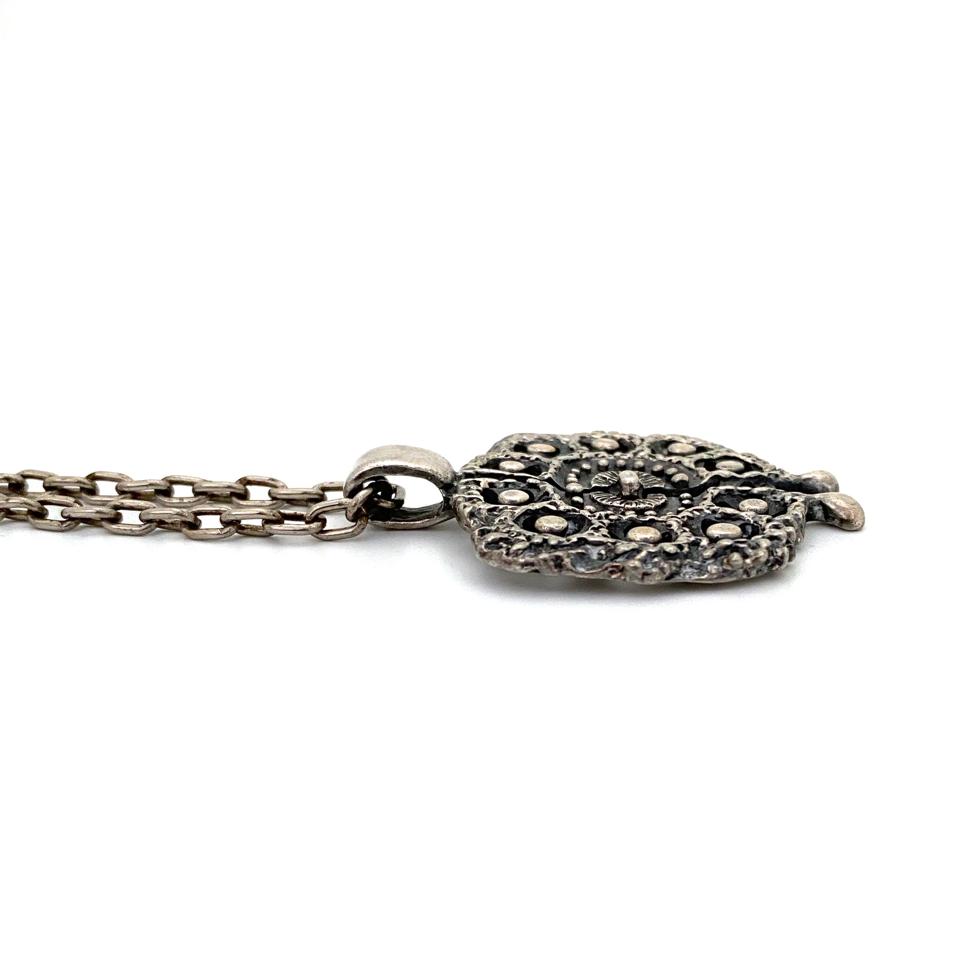 profile Guy Vidal Canada vintage brutalist pewter openwork pendant necklace Canadian jewelry design