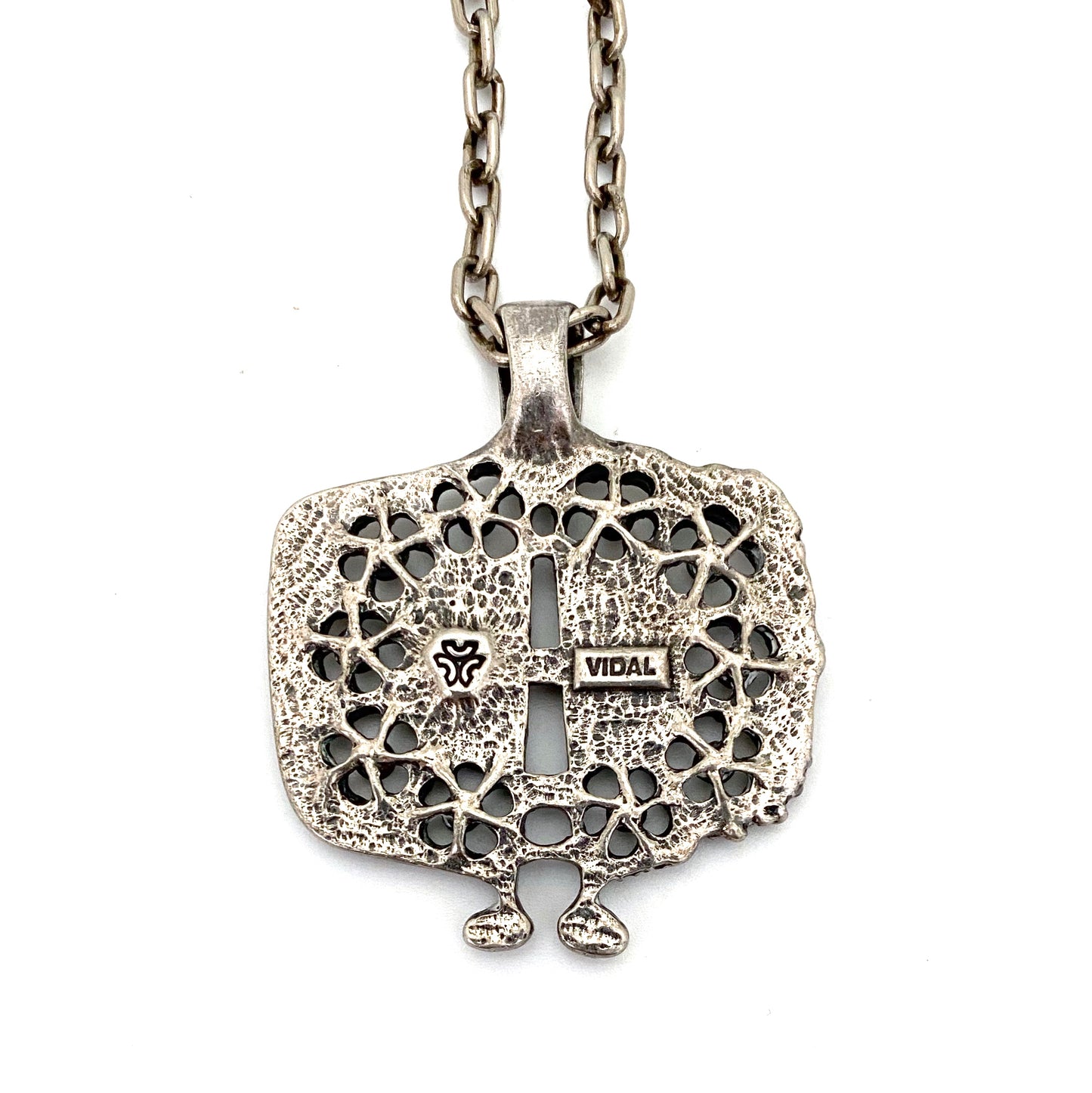 Guy Vidal brutalist pewter openwork pendant necklace