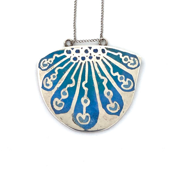 detail Norman Grant Scotland vintage silver enamel Peacock pendant necklace 1973 Modernist jewelry design