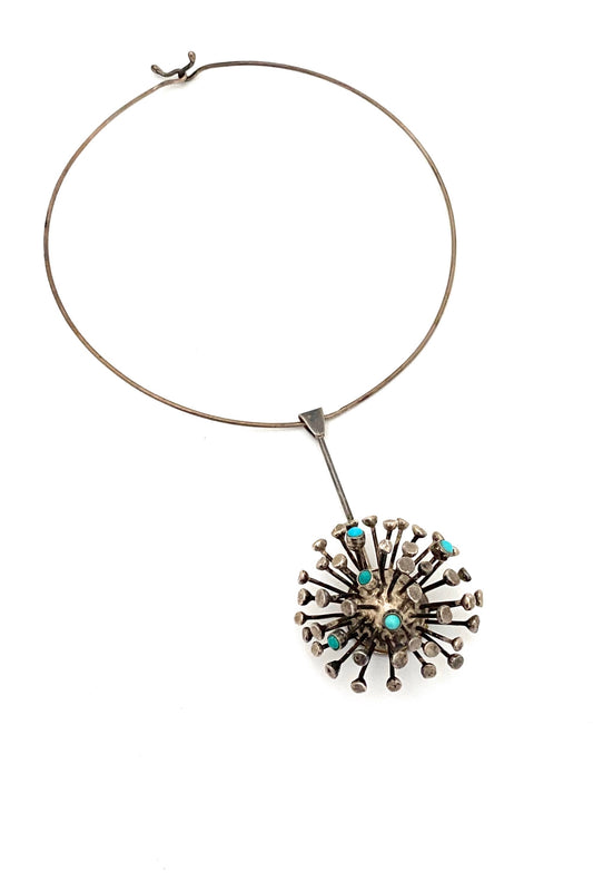 Jane Wiberg Denmark large vintage silver turquoise sputnik pendant choker necklace Scandinavian Modernist jewelry design