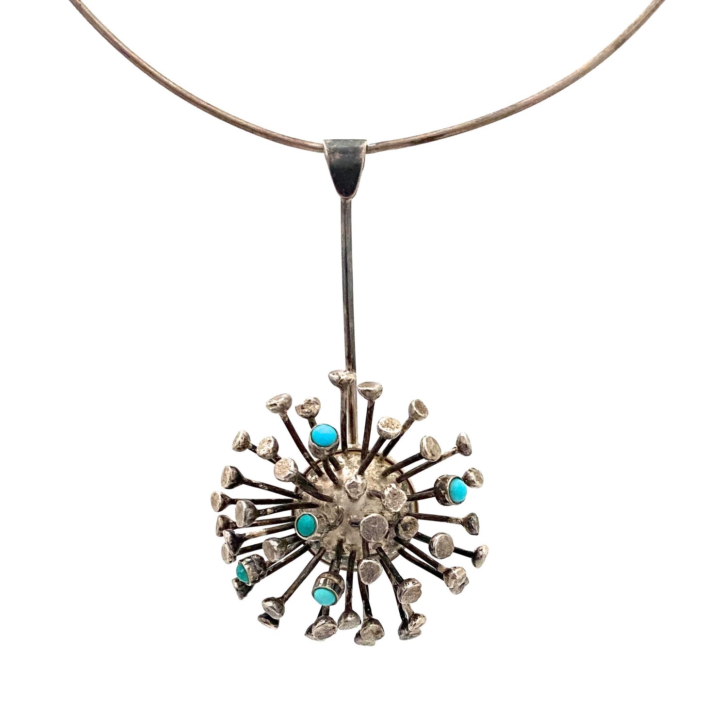 detail Jane Wiberg Denmark large vintage silver turquoise sputnik pendant choker necklace Scandinavian Modernist jewelry design