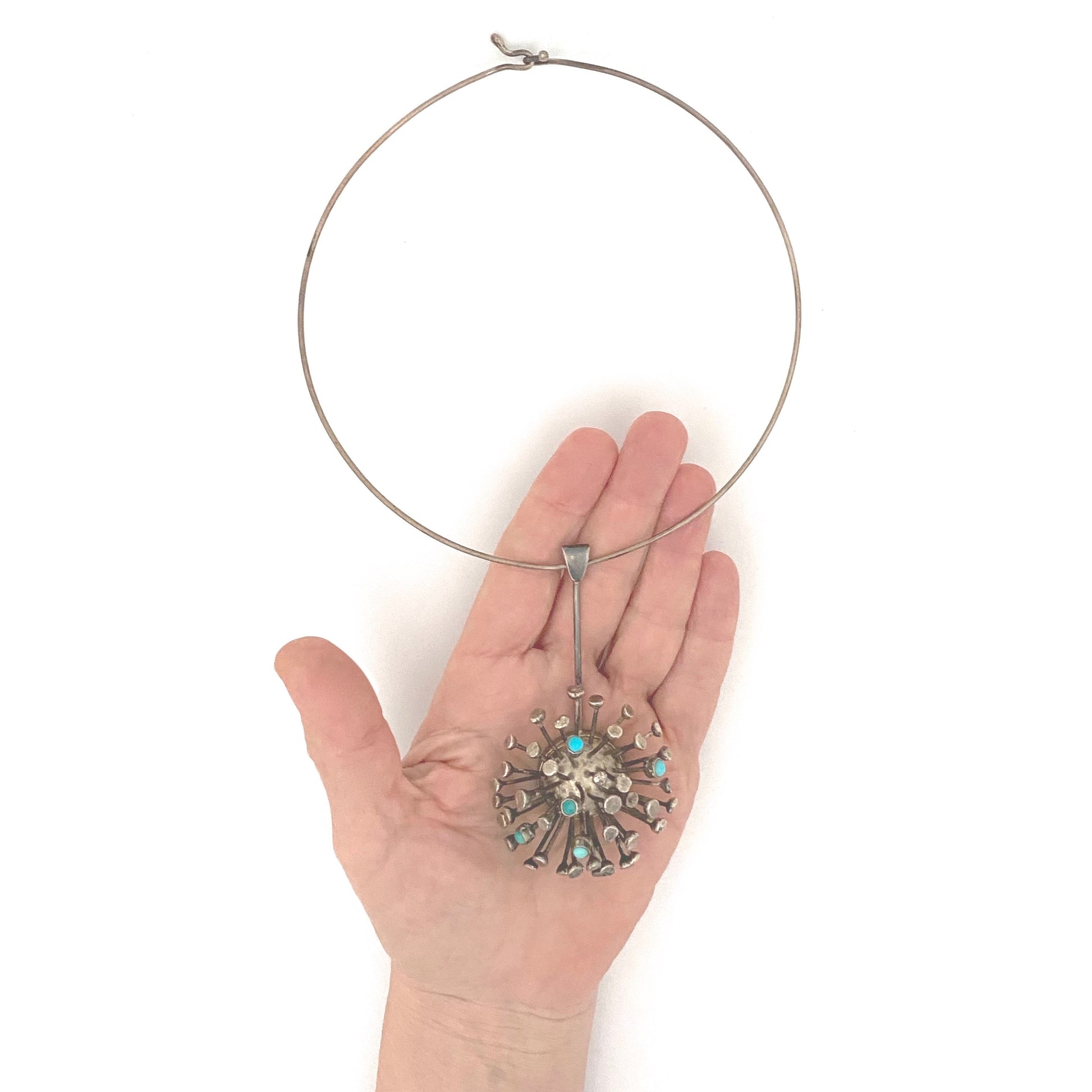 scale Jane Wiberg Denmark large vintage silver turquoise sputnik pendant choker necklace Scandinavian Modernist jewelry design