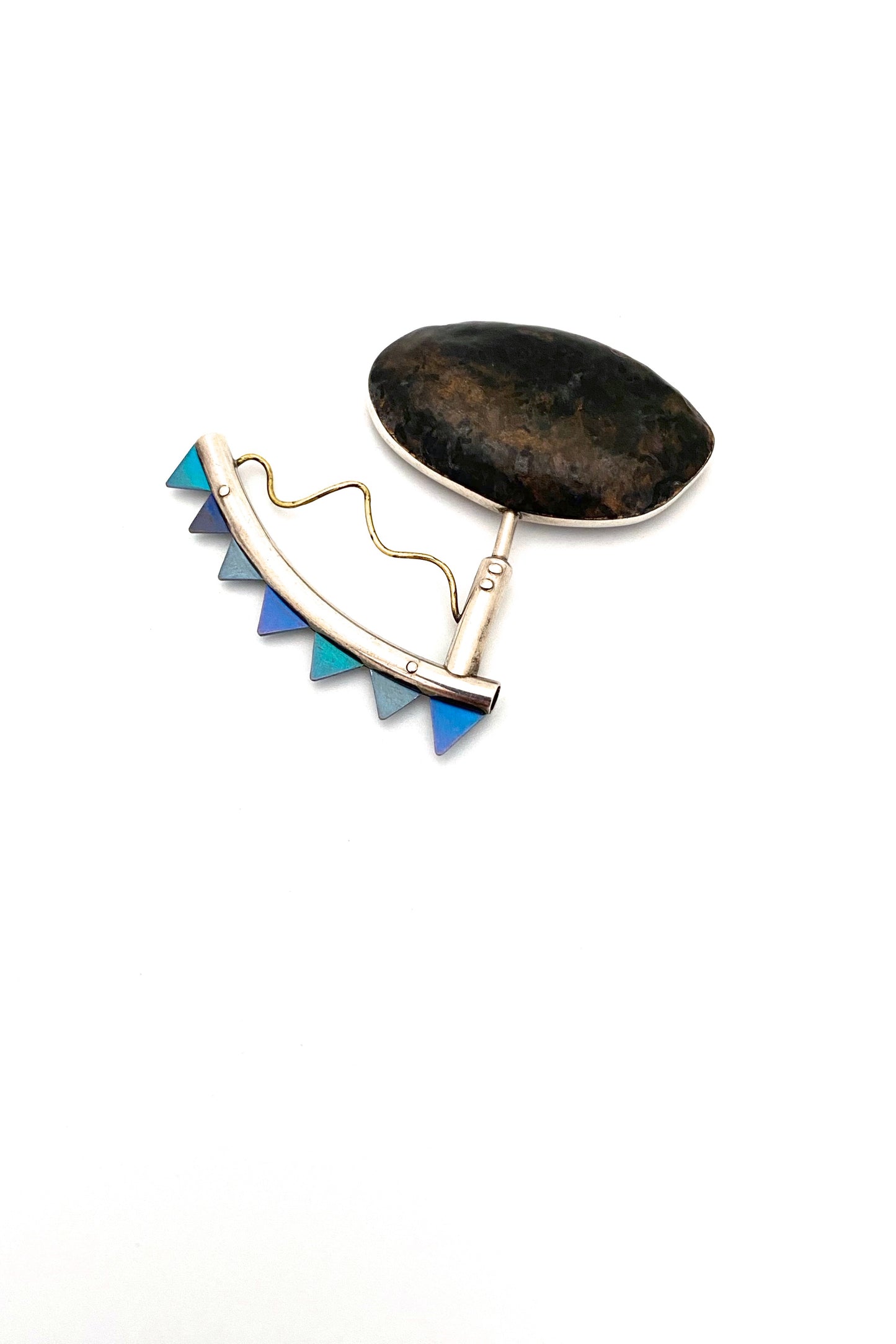 Josee Desjardins large postmodern silver, titanium & copper brooch ~ signed