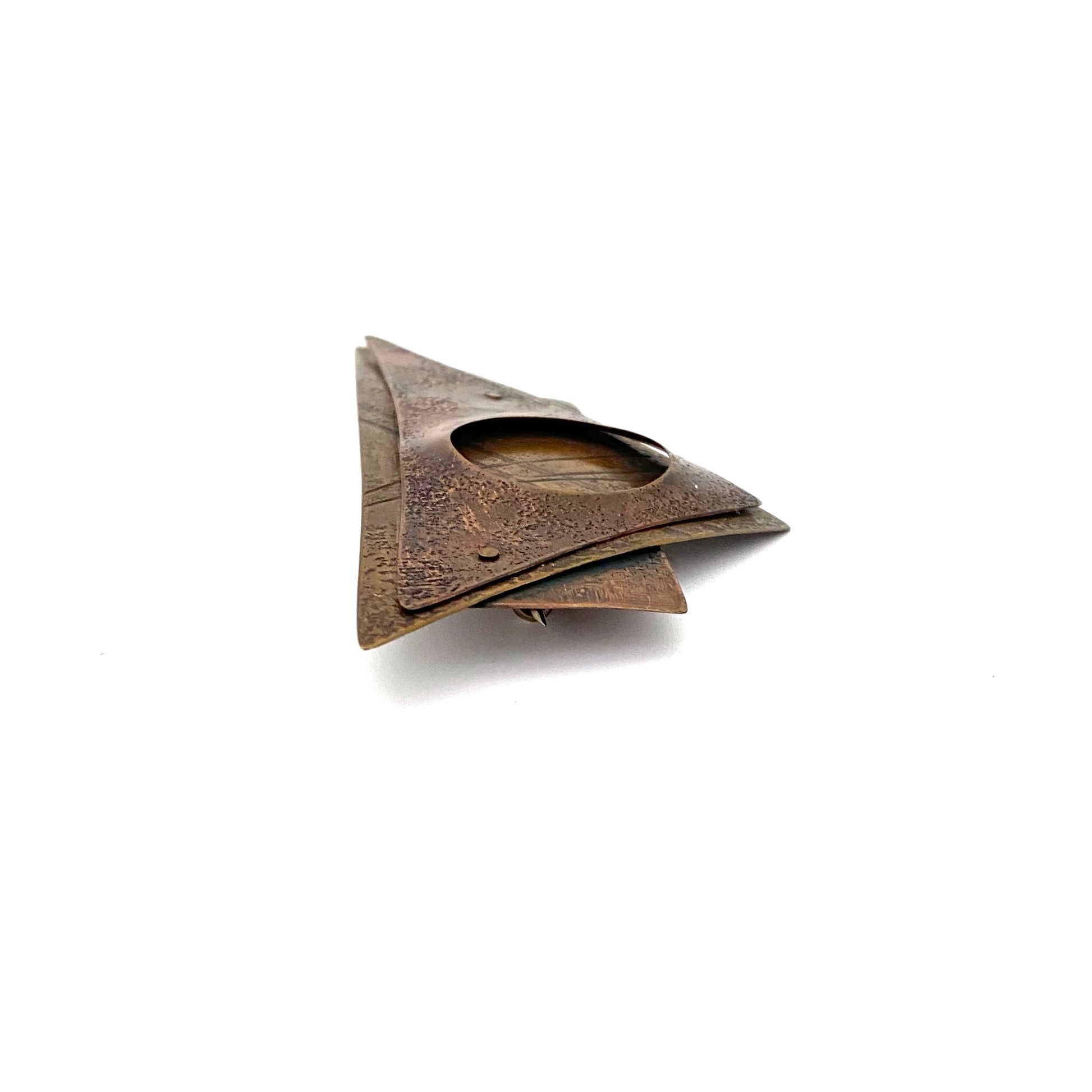 profile Kathleen Curtin large postmodern textured copper layered brooch studio made jewelry design