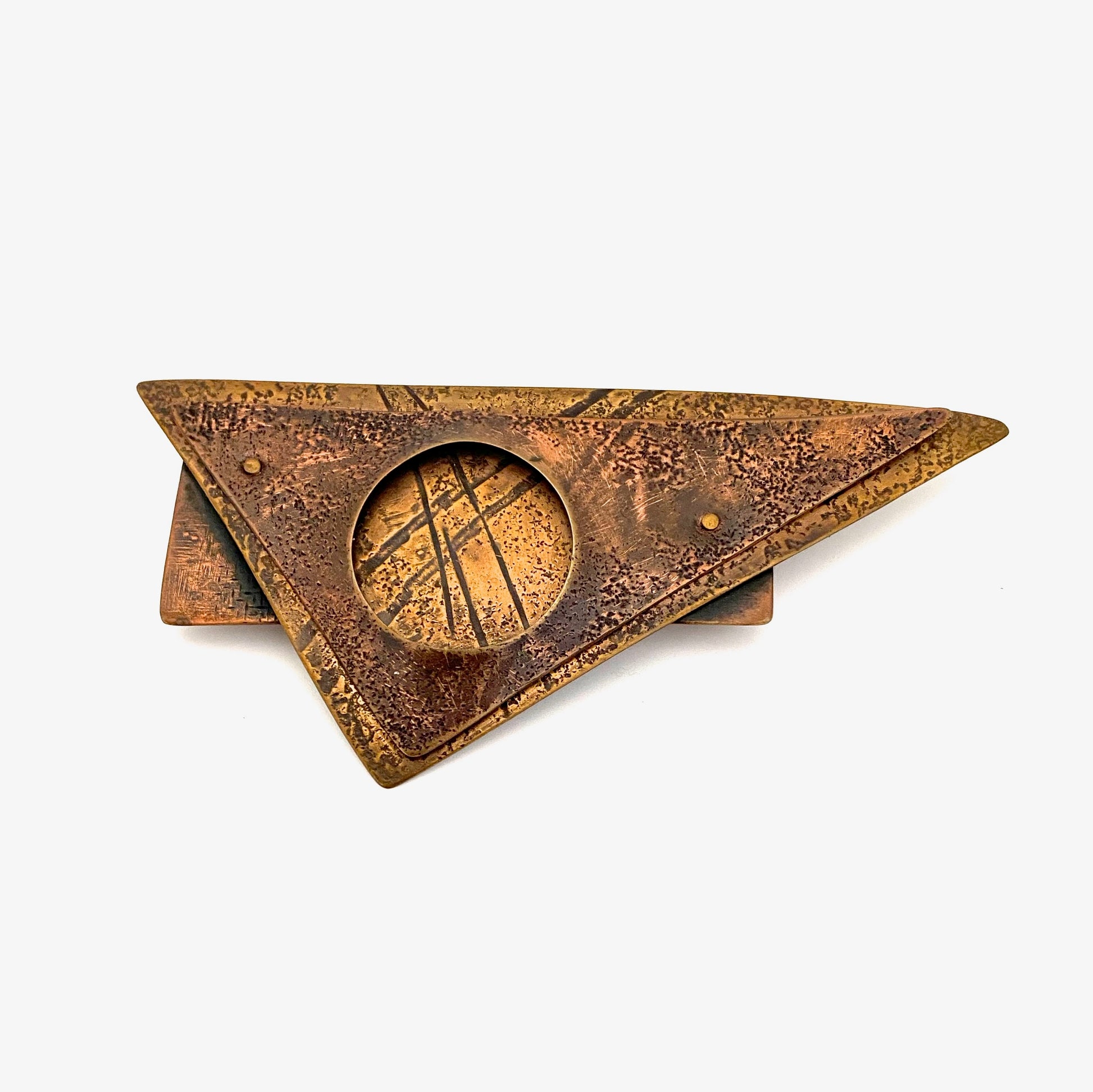 detail Kathleen Curtin large postmodern textured copper layered brooch studio made jewelry design
