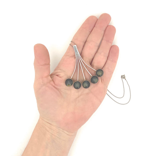 scale Kaunis Koru Finland large vintage silver and spectrolite pendant necklace Scandinavian Modernist jewelry design