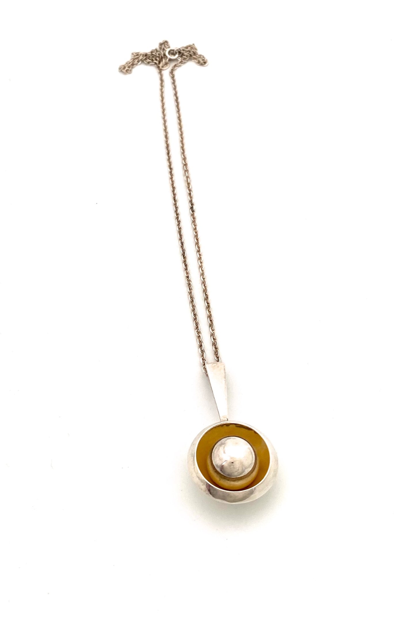 Kultateollisuus Ky Finland vintage silver enamel yellow pendant necklace Scandinavian Modernist jewelry design