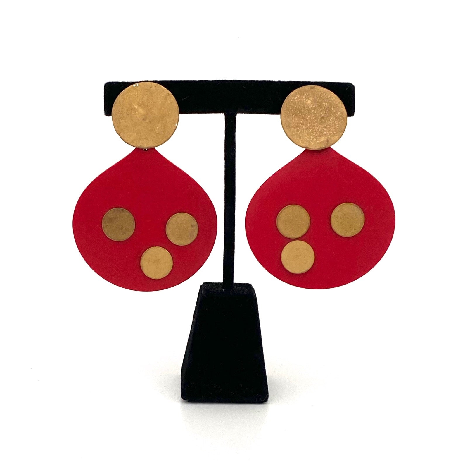 detail Martha Sturdy Canada vintage red resin gold tone dots large postmodern drop earrings Canadian jewelry design