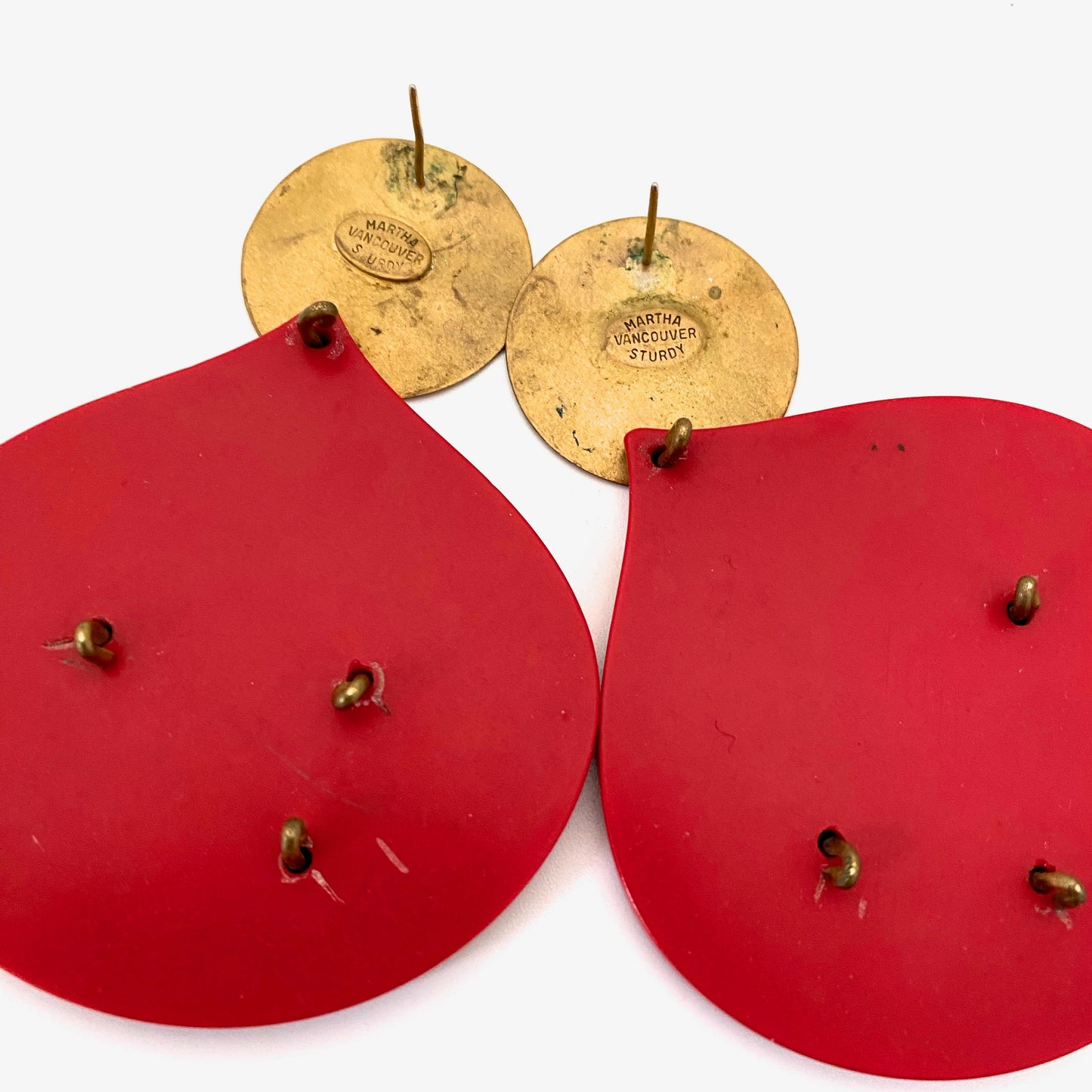 Martha Sturdy large red resin & gold tone dots drop earrings ~ for pierced ears