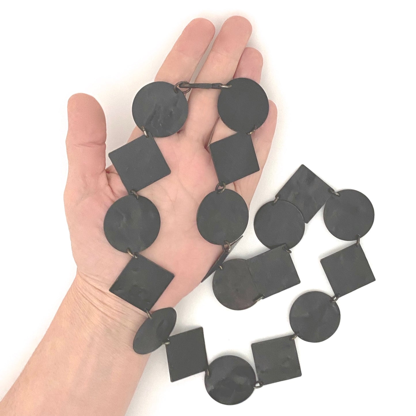 scale Martha Sturdy Canada vintage textured metal circles and squares necklace Canadian postmodern jewelry design