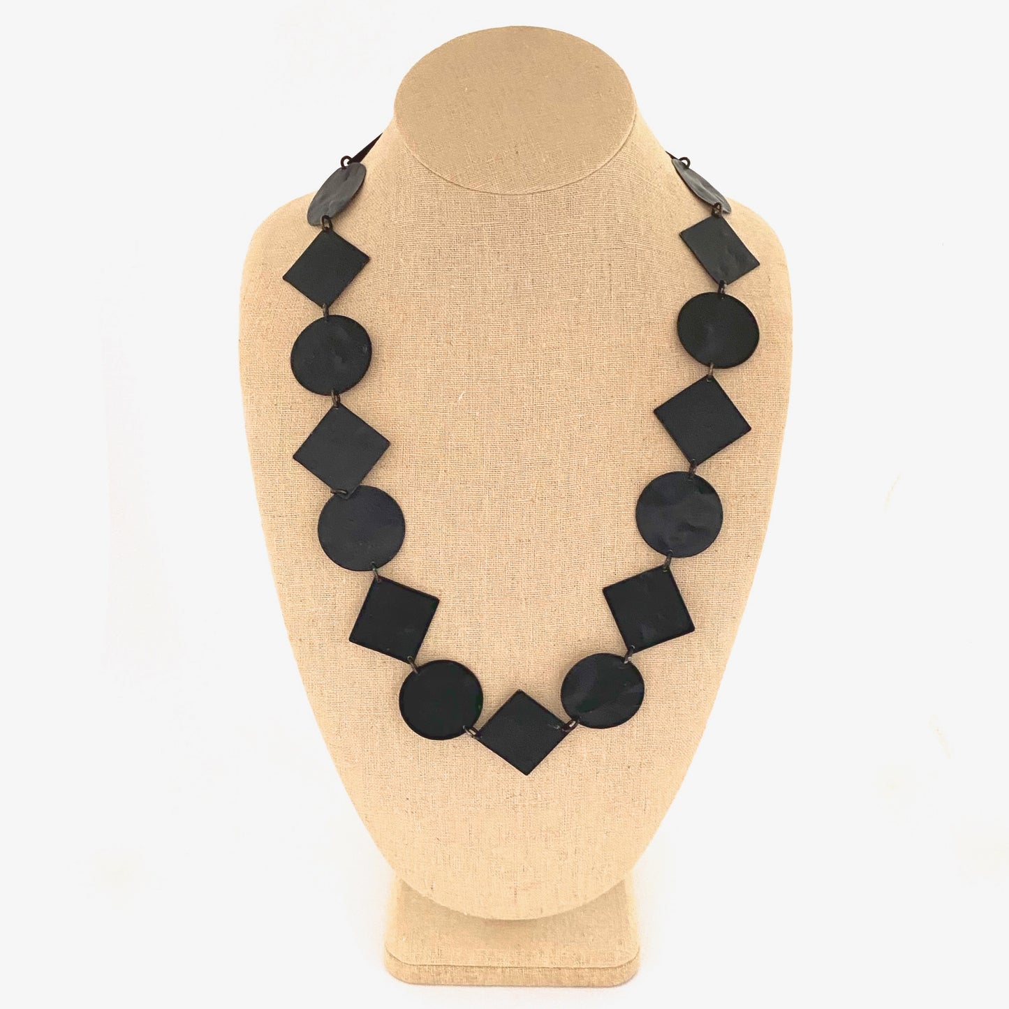 Martha Sturdy long circles and squares textured metal necklace
