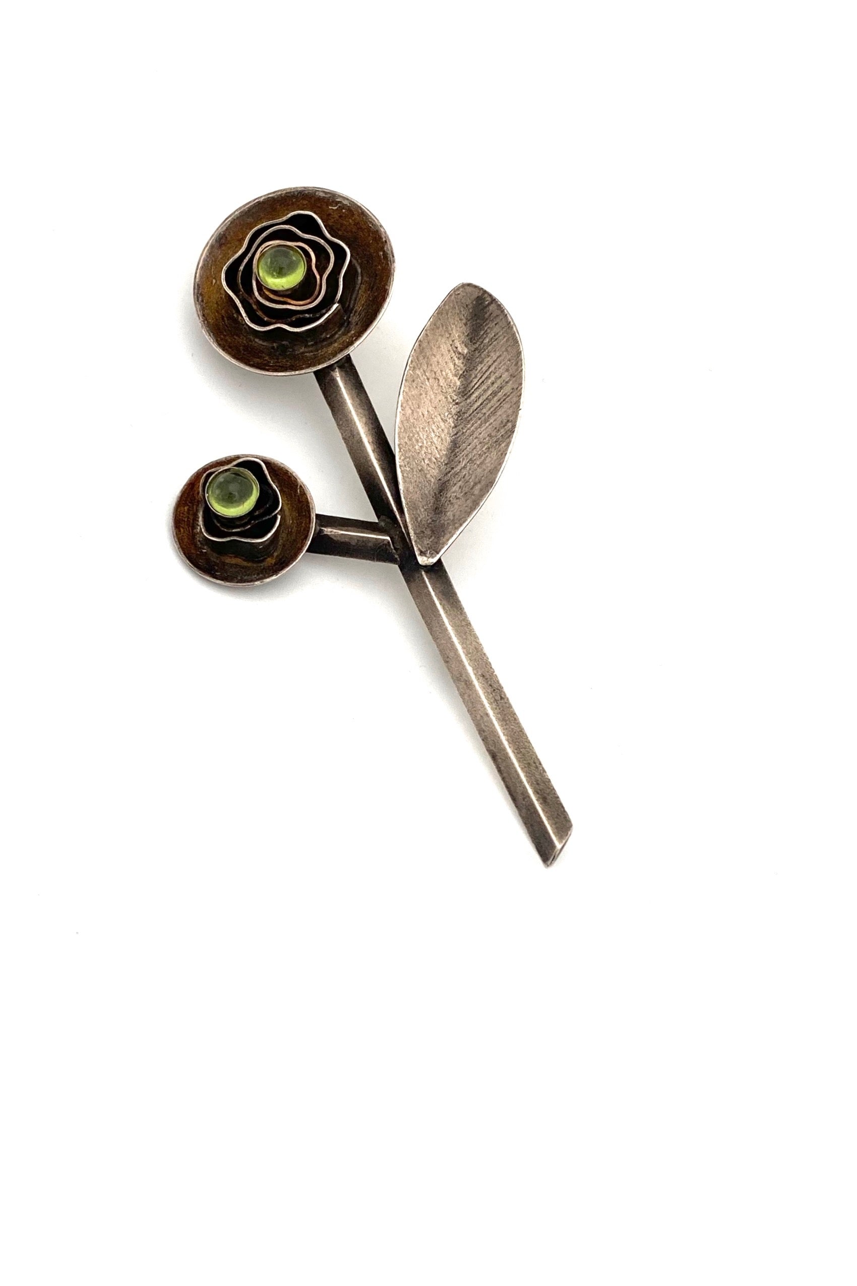 Mena Messina USA large silver peridot brooch pendant Modernist jewelry design
