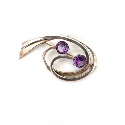 Miguel Melendez silver swirl brooch ~ purple stones