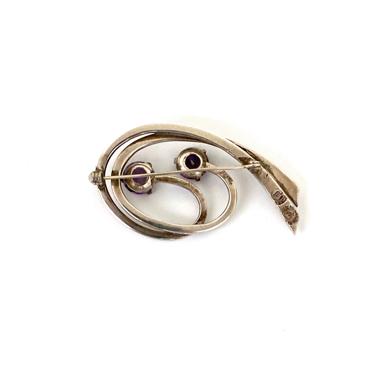 Miguel Melendez silver swirl brooch ~ purple stones