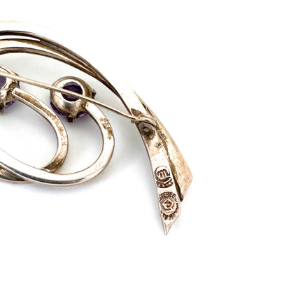 Miguel Melendez silver swirl brooch ~ purple stones