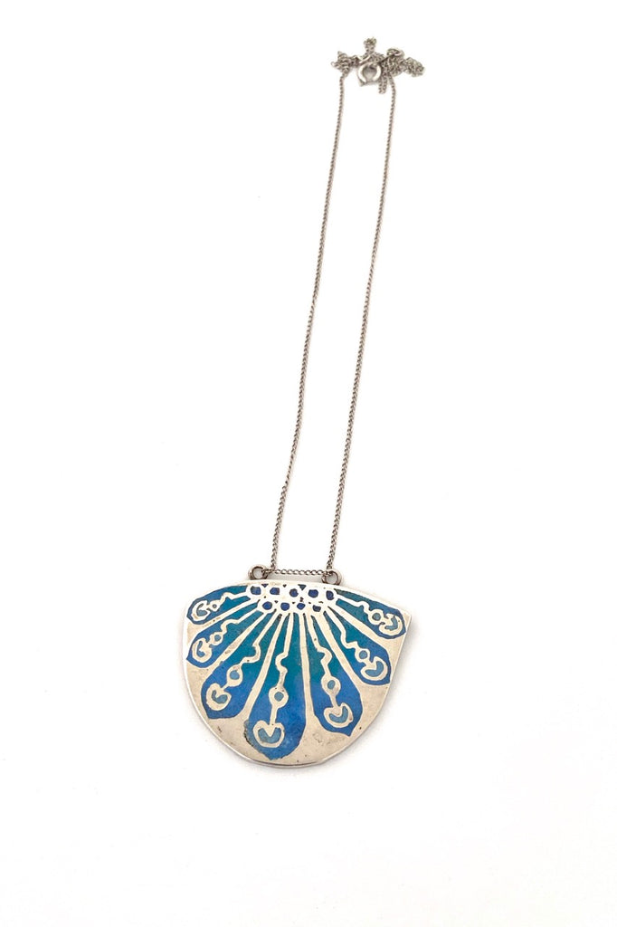 Norman Grant Scotland vintage silver enamel Peacock pendant necklace 1973 Modernist jewelry design