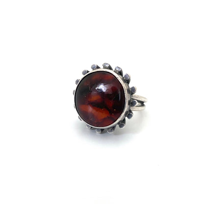ORNO large silver & amber ring ~ Modernist design