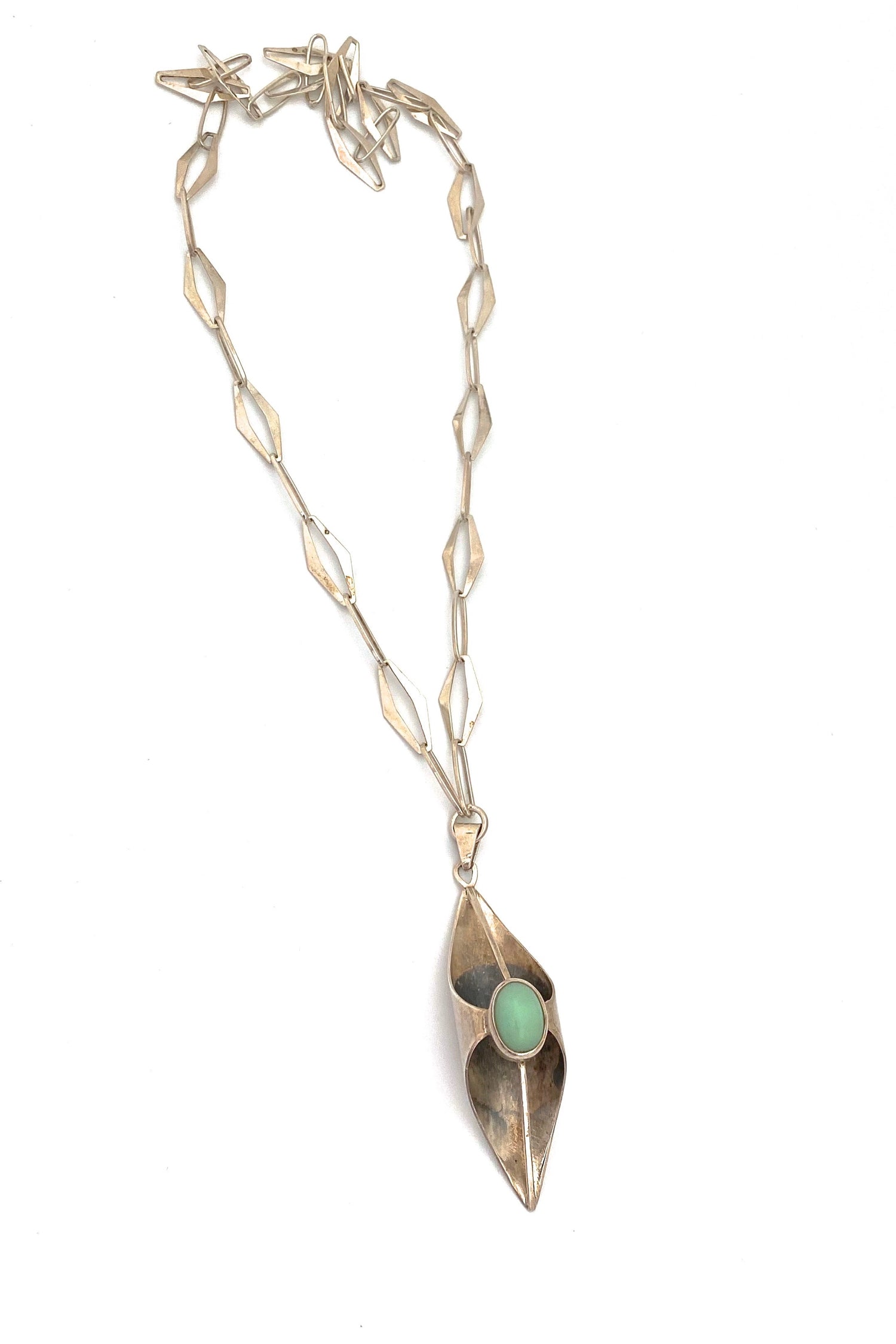 ORNO Poland vintage silver chrysoprase large pendant necklace Modernist jewelry design