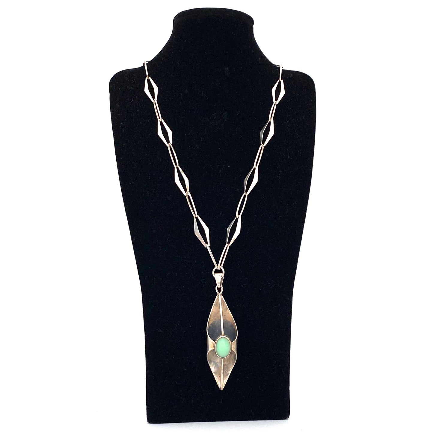detail ORNO Poland vintage silver chrysoprase large pendant necklace Modernist jewelry design