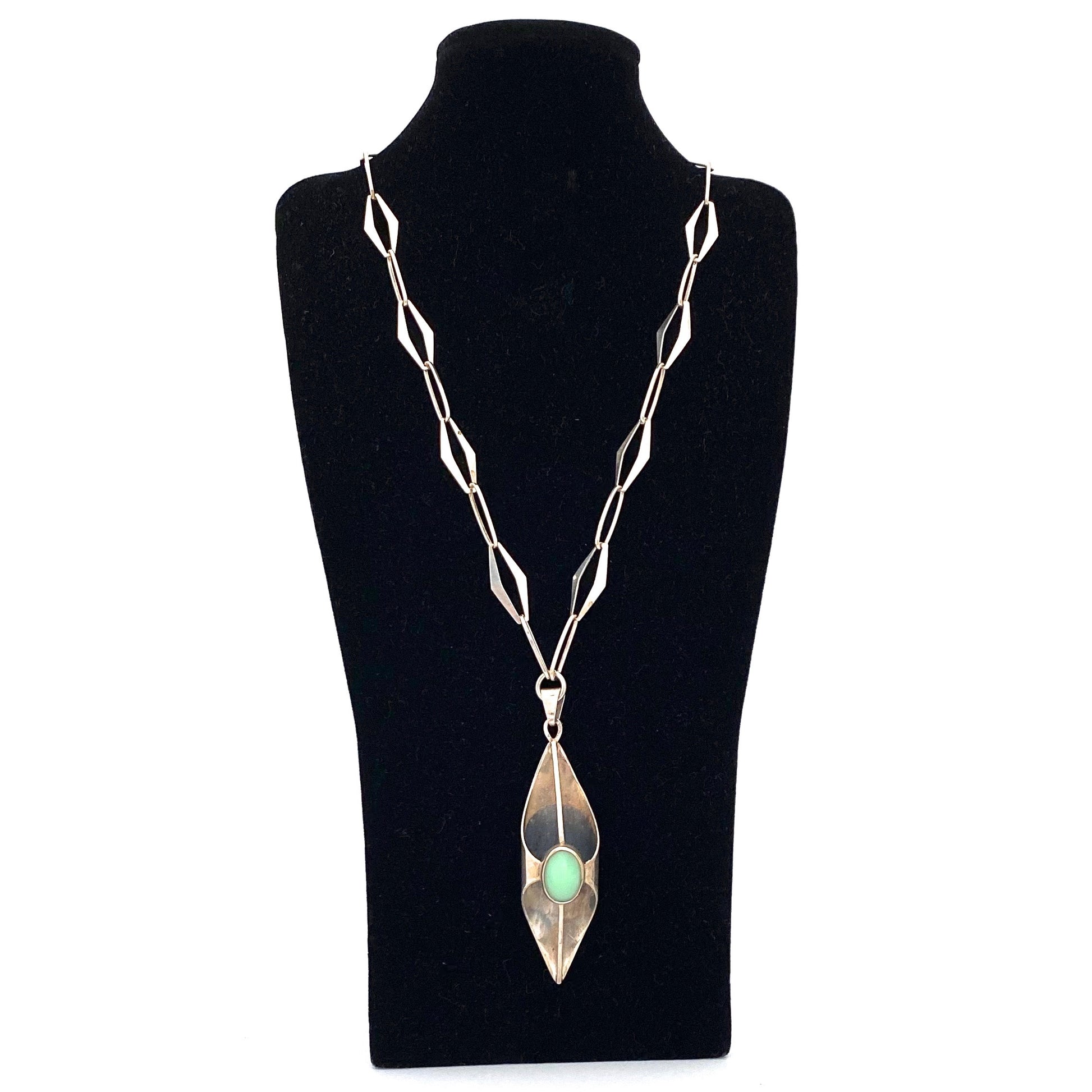 detail ORNO Poland vintage silver chrysoprase large pendant necklace Modernist jewelry design