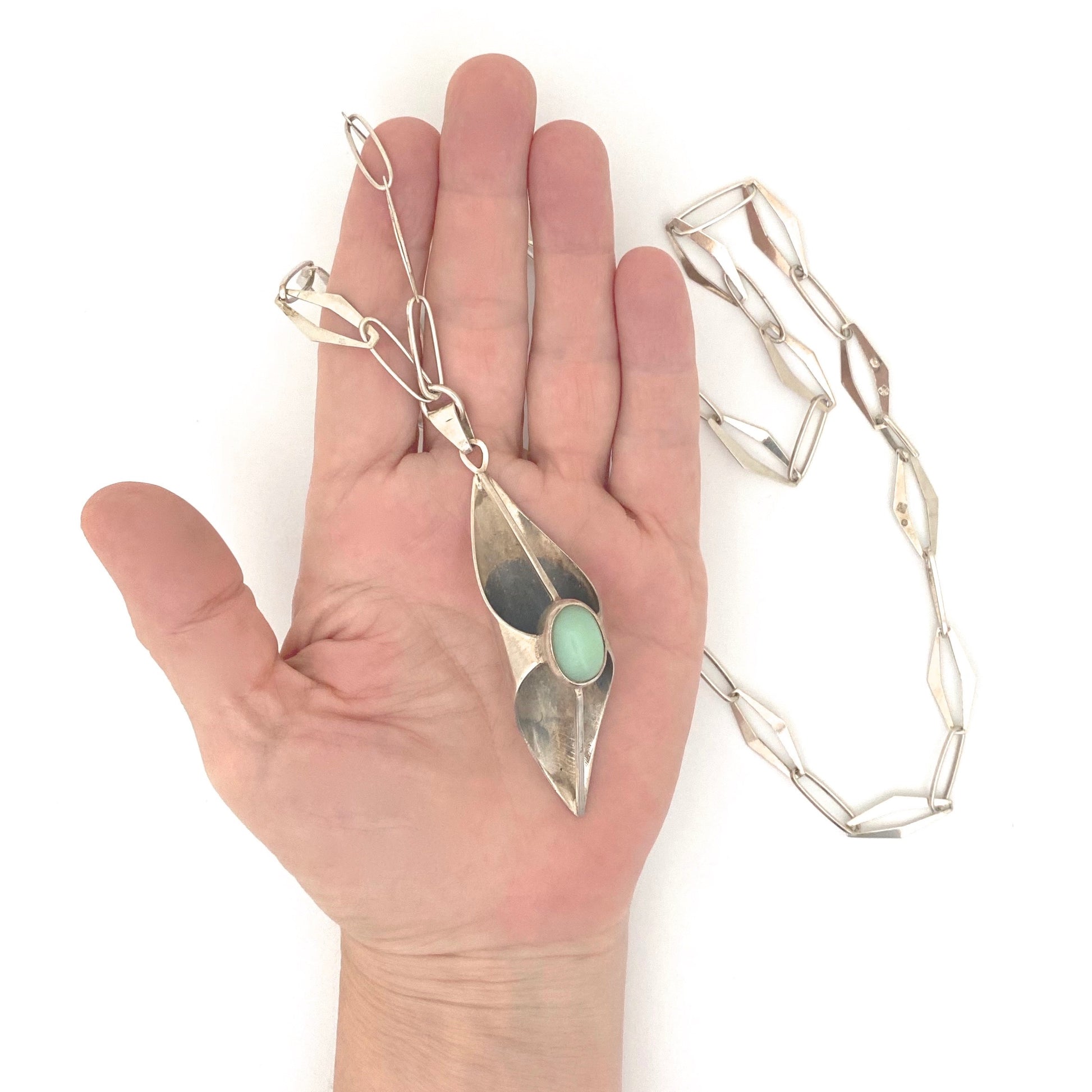 scale ORNO Poland vintage silver chrysoprase large pendant necklace Modernist jewelry design