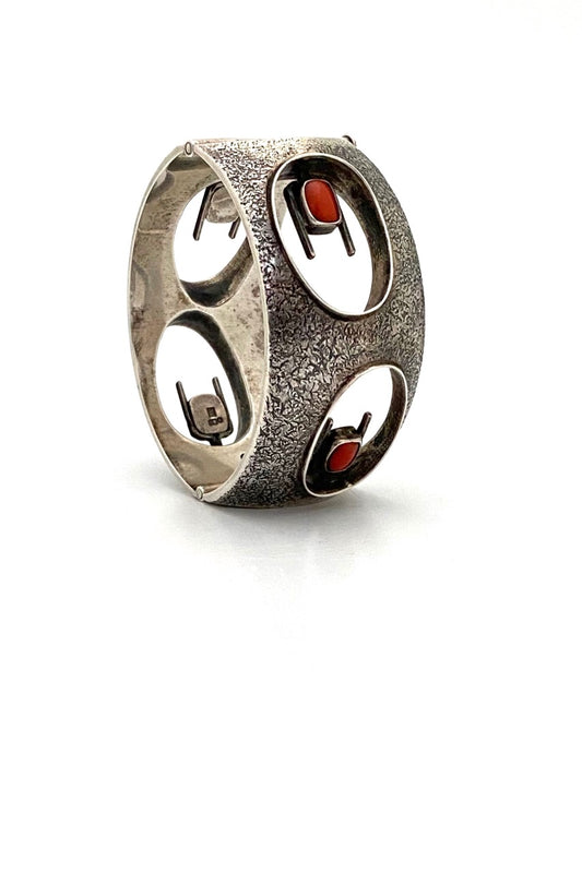 ORNO Poland vintage silver coral wide hinged bracelet Modernist jewelry design