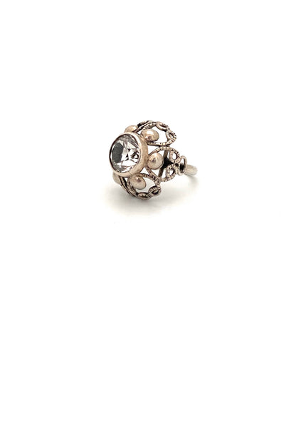 ORNO Poland vintage silver crystal large openwork ring Modernist jewelry design